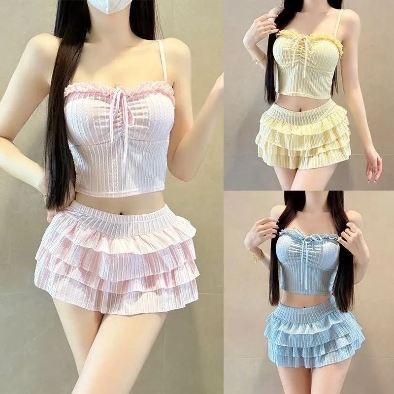 Japanese Fresh Sweet Cute Sexy Hottie Girl Slimming Spaghetti Strap Amd Skirt Split-type Swimsuit Set Bikini Swimwear Women New