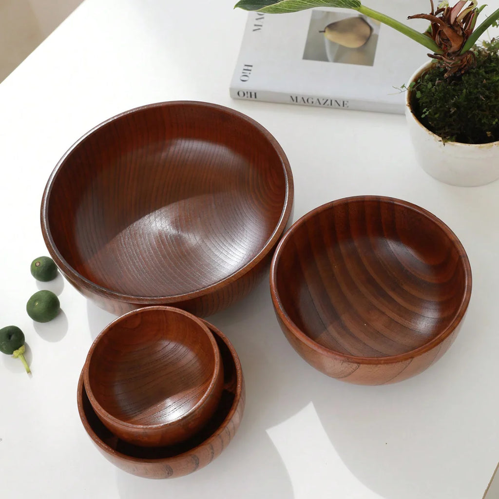 1Pc Stackable Solid Wood Bowl / Available in Large and Small Sizes / Household Wooden Bowl for Salad / Rice / Soup Noodles