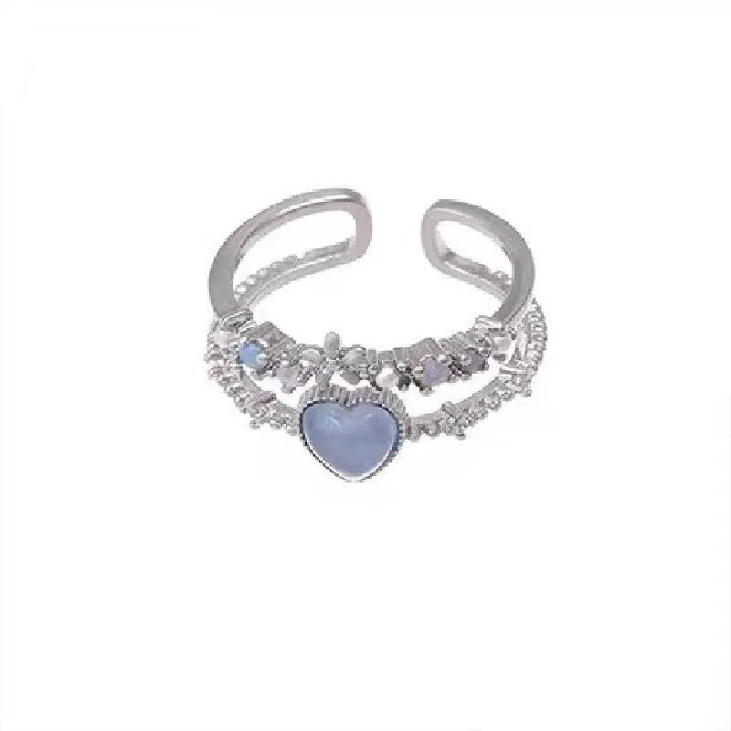 Fashion Blue Opal Heart Rings for Women Kpop Punk Gothic Open Flower Rhinestone Finger Rings Wedding Party Trendy  Jewelry