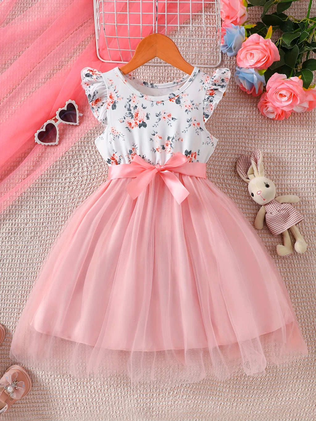 Girls' Knitted Round Neck Sleeveless Ruffled Floral Mesh Dress Dress