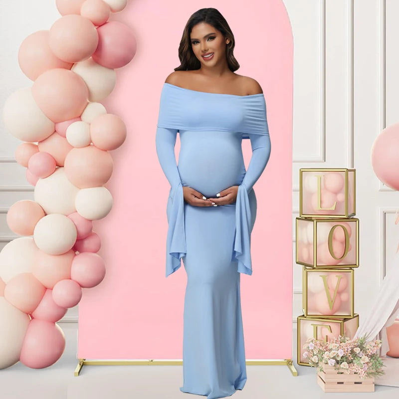 Off - Shoulder Bodycon Maternity Maxi Gown | Baby Shower Photoshoot
