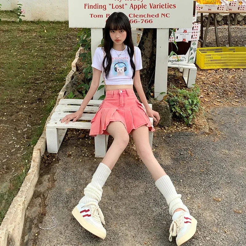 Harajuku Kawaii Plaid Mini Skirt pink Women Lolita Cosplay High Waist Heart Cute Pink A Line Pleated Tennis Short Skirts e girl