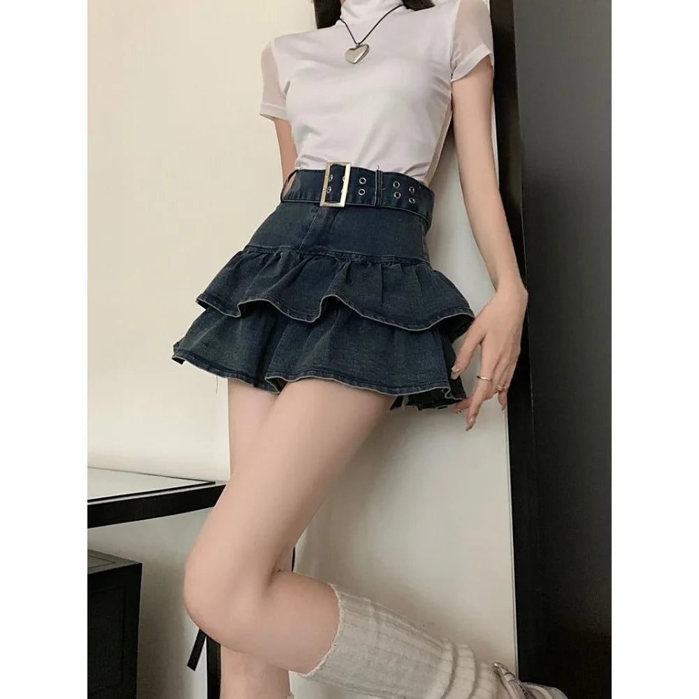 High Waist Short Denim Skirt Women's Summer Dopaamine Design Slimming A-Line Skirt with Lace Trim Super Short Casual Skirt