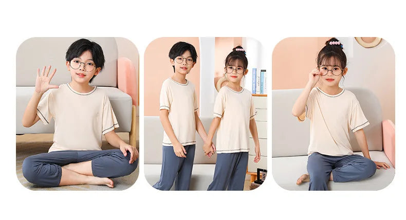 Teenage Boy Pajamas Summer Girl Short Sleeve Children's Clothing Sleepwear Silk Cotton Pyjamas Sets For Kids 4 8 9 12 13 14Years