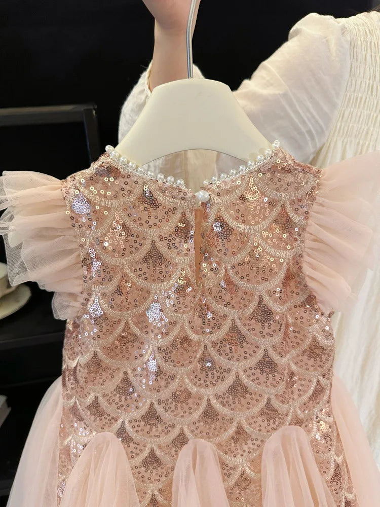 2026 New Summer Party Dresses for Girls Children's Elegant Fashion Mesh Flying Sleeves Sequined Tank Top Princess Skirt S3069