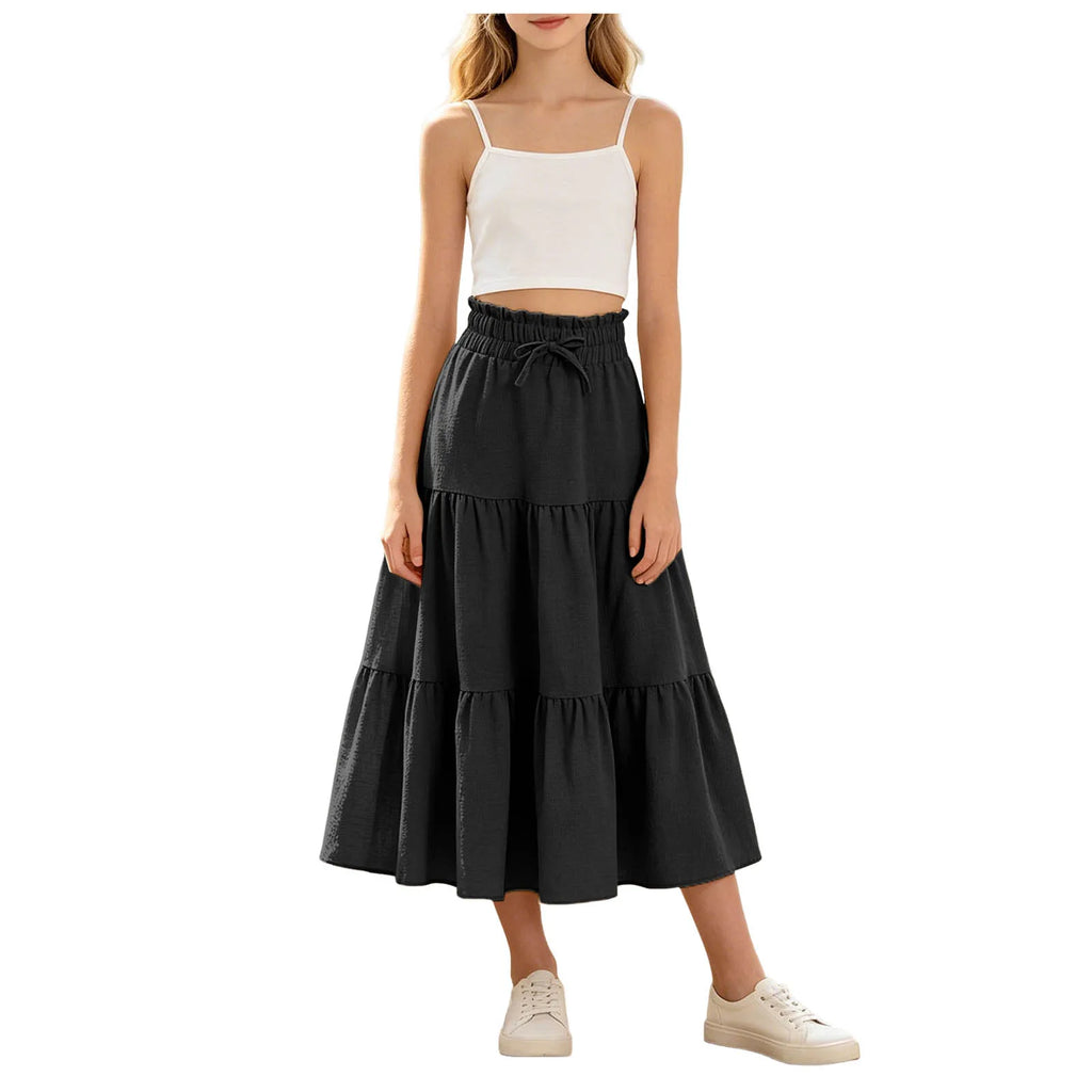 Kids Girls Boho Pleated Long Skirt Summer Solid Elastic Waist Lightweight Large Swing Skirt Casual Beach Holiday Vacation