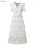 Stylish Women Lace Patchwork Dresses ZANZEA 2026 Summer Sundress Elegant V Neck Party Dress Short Sleeve Embroidered Work Robes