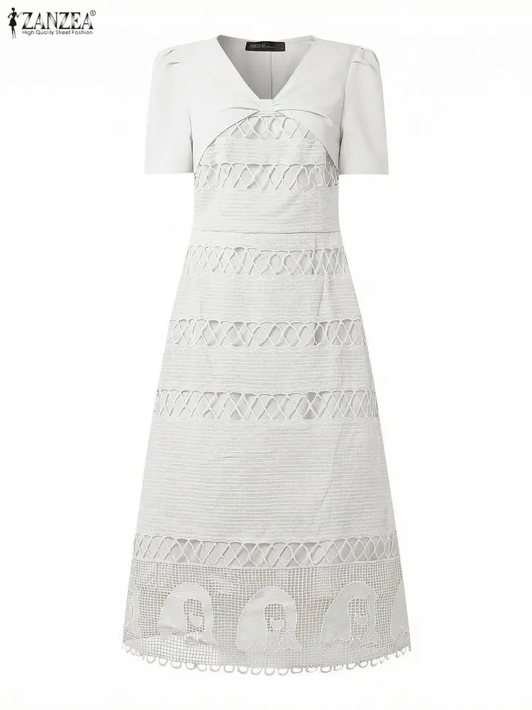 Stylish Women Lace Patchwork Dresses ZANZEA 2026 Summer Sundress Elegant V Neck Party Dress Short Sleeve Embroidered Work Robes