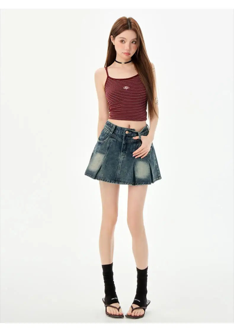 Trendy High Waist Pleated  Denim Skirt Women's Spring Summer New Lazy Style A-Line Half-length Jeans Skirts