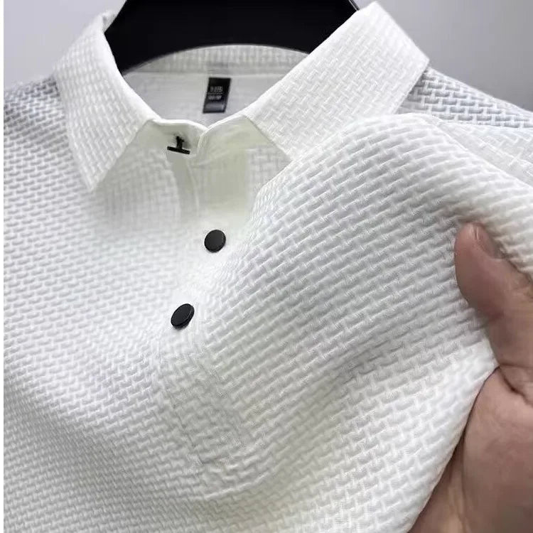 Summer New Men'S Lop-Up Hollow Short-Sleeved Polo Tee Shirt Ice Silk Breathable Business Fashion T-Shirt Male Brand Clothes