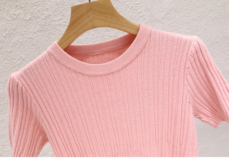 Korean Knit Crop Tee | Women's Casual Solid Basic Top