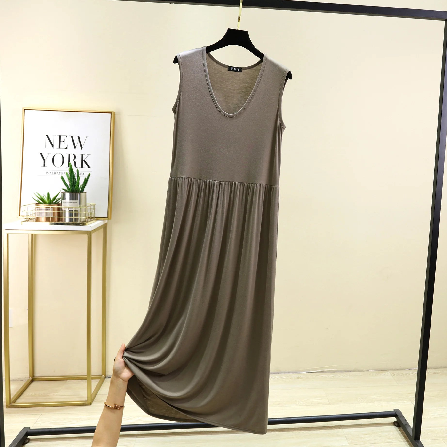 Plus Size Women's Modal Sleeveless Tank Dress – Pleated Mid-Length Waist-Slimming Homewear