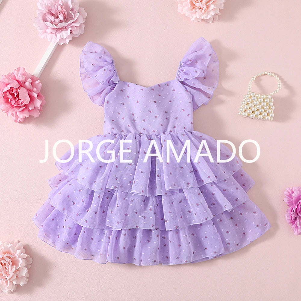 Girls Floral Embroidery Layered Princess Dress | Summer Mesh Sundress