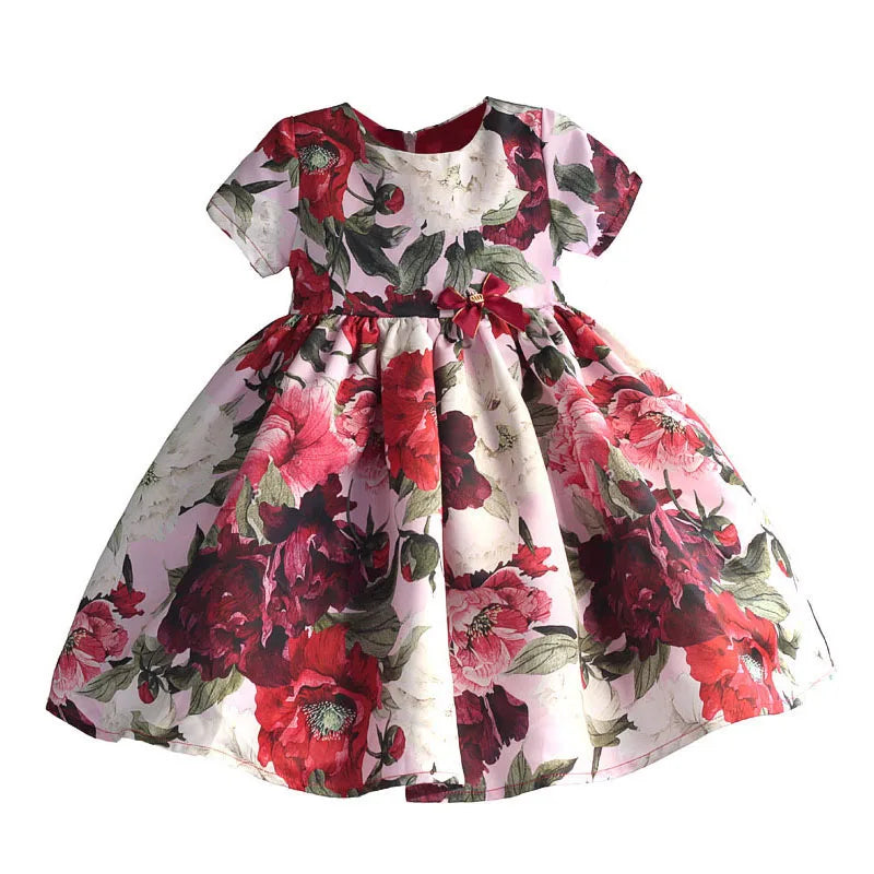 Fashion Floral Girls Party Dress Red Cotton Kids Children Dresses Golden Crown Bow Girl Clothing for Party Wedding