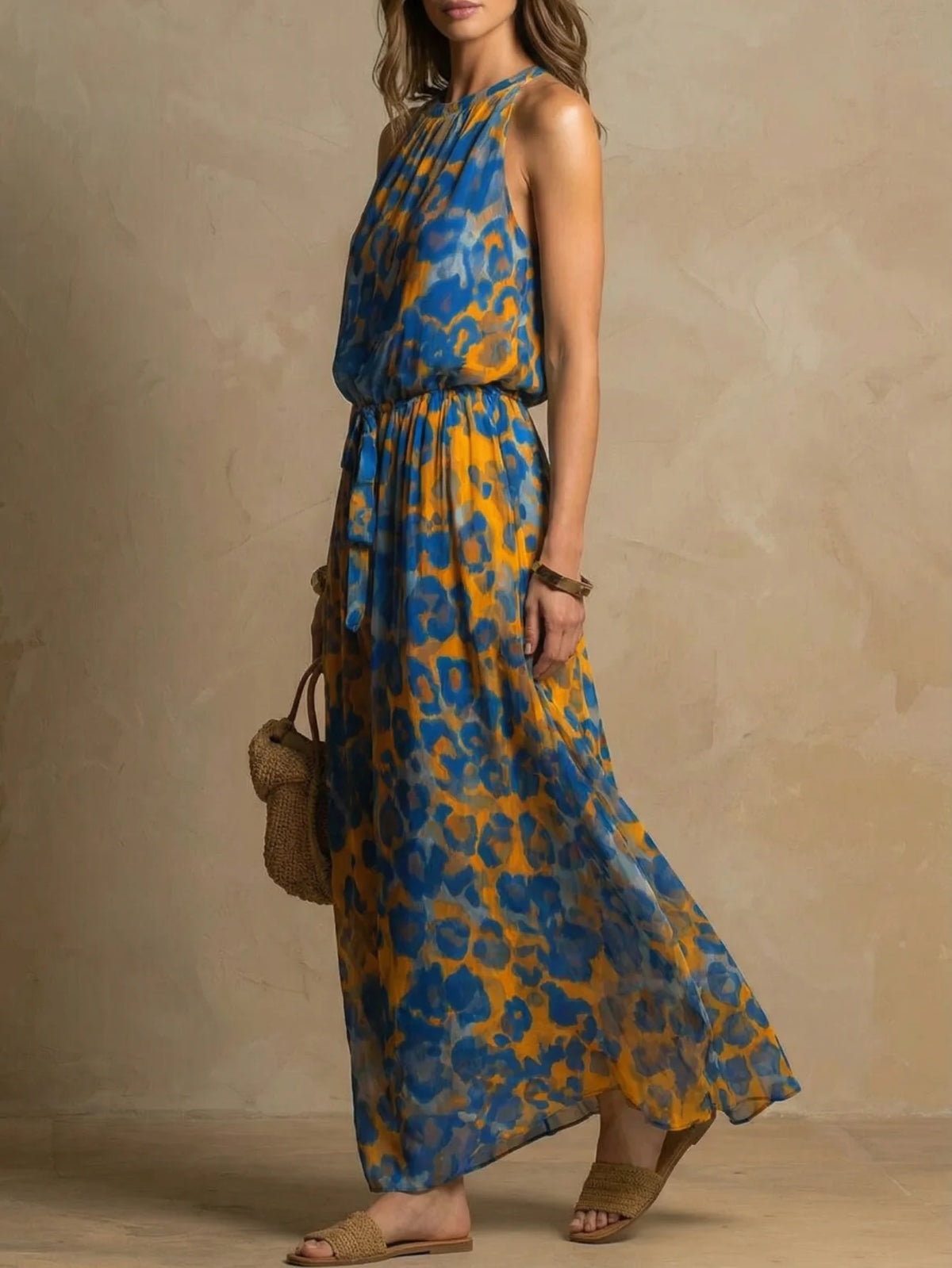 Women's Halter Sleeveless Maxi Dress Leopard Print Waist Tie Detail Loose Fit Long Dress Fashion Casual Ladies Daily Wear