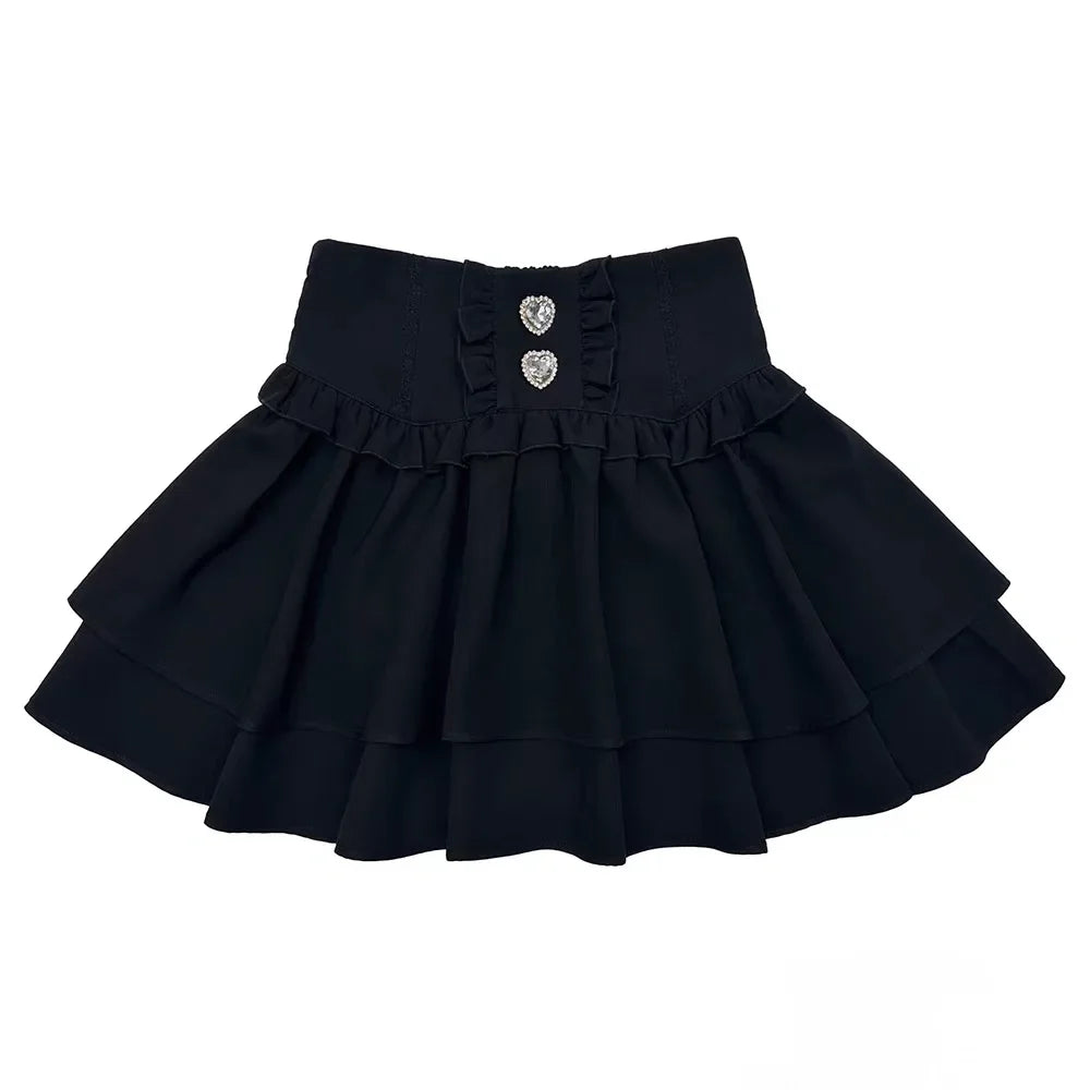 Japanese Cute Sweet Y2k Lolita Cake Skirt Women Hight Waist Rhinestone Plaid Ruffled Layered Skirts Kawaii A-Line Mini Skirts
