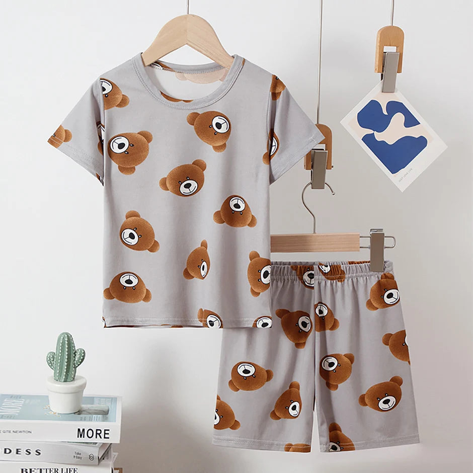 Children's Bear Print 2-Piece Short Sleeve Shorts Set - Unisex