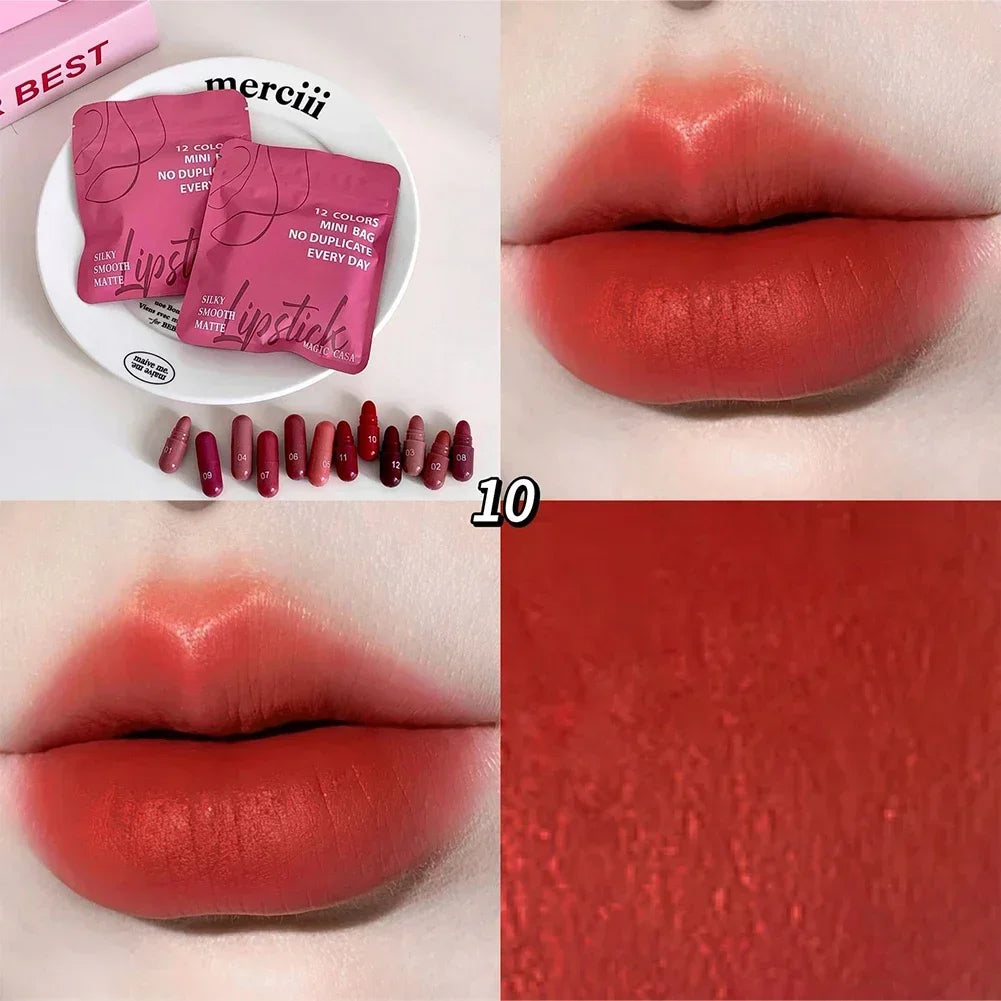 Matte Lipstick Capsule Set 12 Colors Long Lasting Non Fading Perfect Women Gift for Festival Makeup Lip Balm