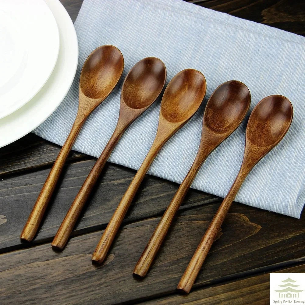 5 Pieces Wooden Spoon Soup Spoon and Fork Tableware Natural Ellipse Ladle Spoon Set Eco Friendly Products Spoons for Cooking