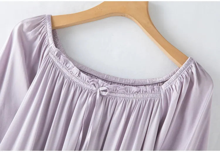 Women's Spring/Summer New 92% Natural Mulberry Silk Elastic Satin Solid Loose Sweet Wind Long Sleeve Home Clothes Nightdress
