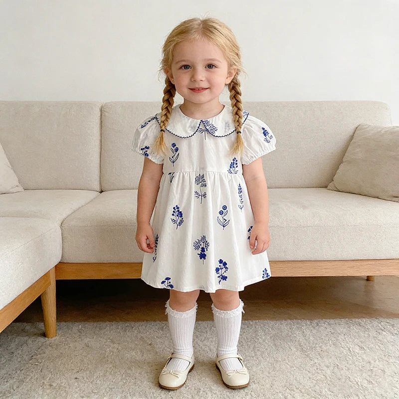 Summer New Style 2-6Y Girl Dress Korean Embroidered Short Sleeve Baby Clothes Children's Dress Girls Retro Sister Dress