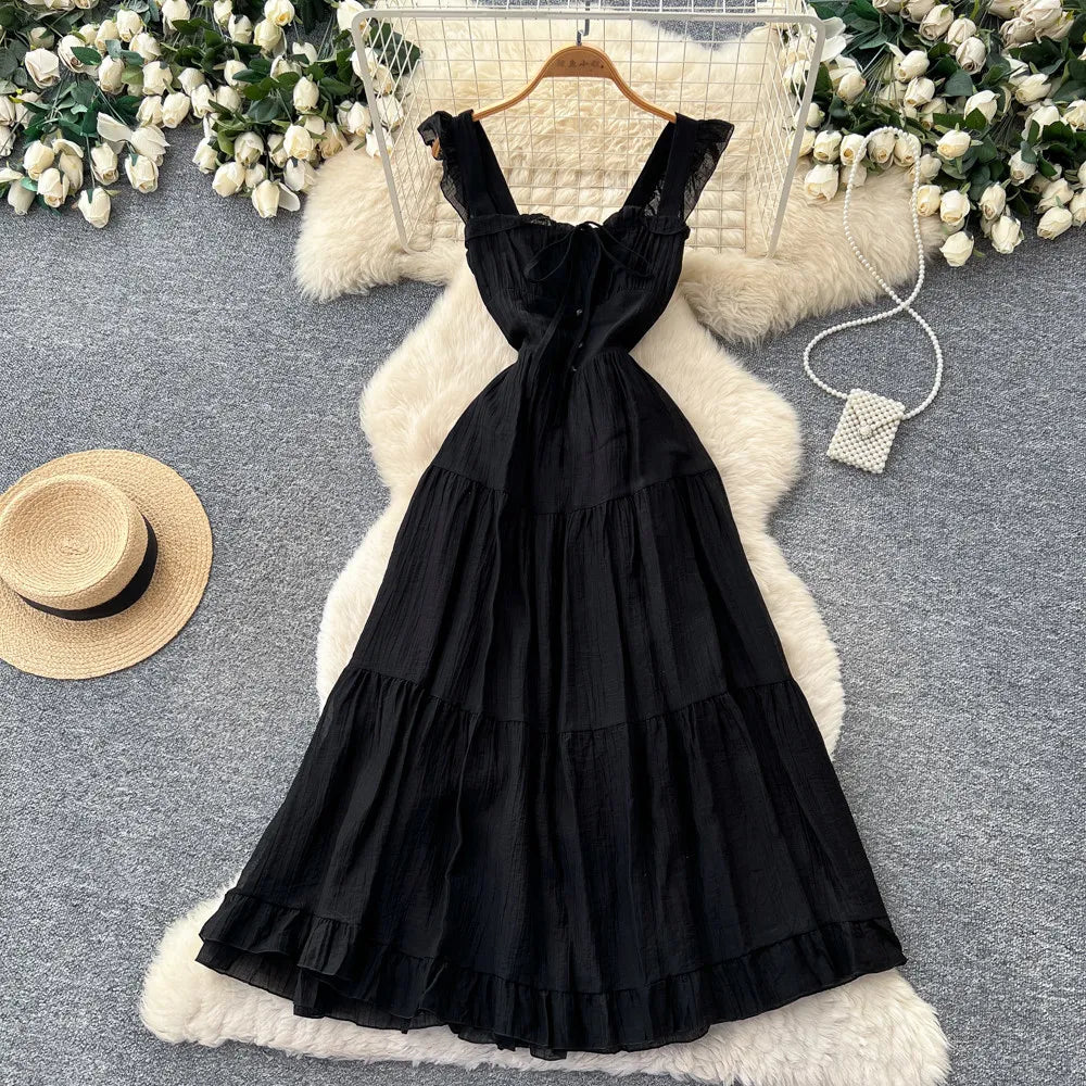 Summer French Sweet Camisole Ruffle Edge Dress for Women New Style with Straps Waist Cinching Vacation Style Dress C579