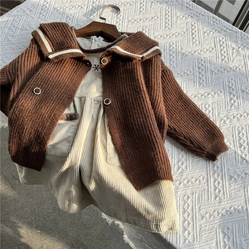 2025 Vinatge Baby Corduroy Sleeveless Dress Little Girls Sundress and Long Sleeve Tops Autumn Winter  Two Piece Set Children