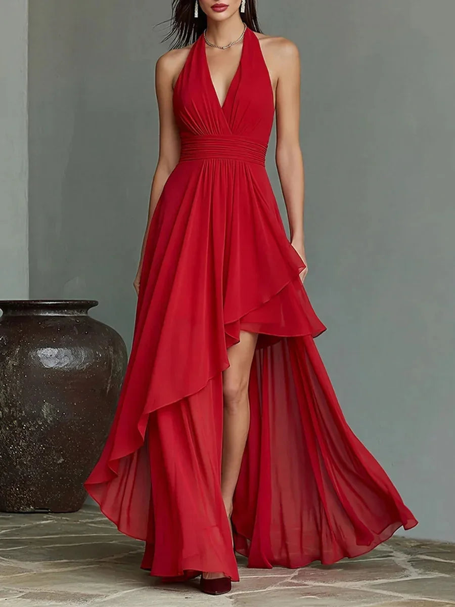 New Summer Women Chiffon Evening Gown Halter V‑Neck Backless Waist‑Cinching Formal Dress For Wedding Guest Cocktail Party
