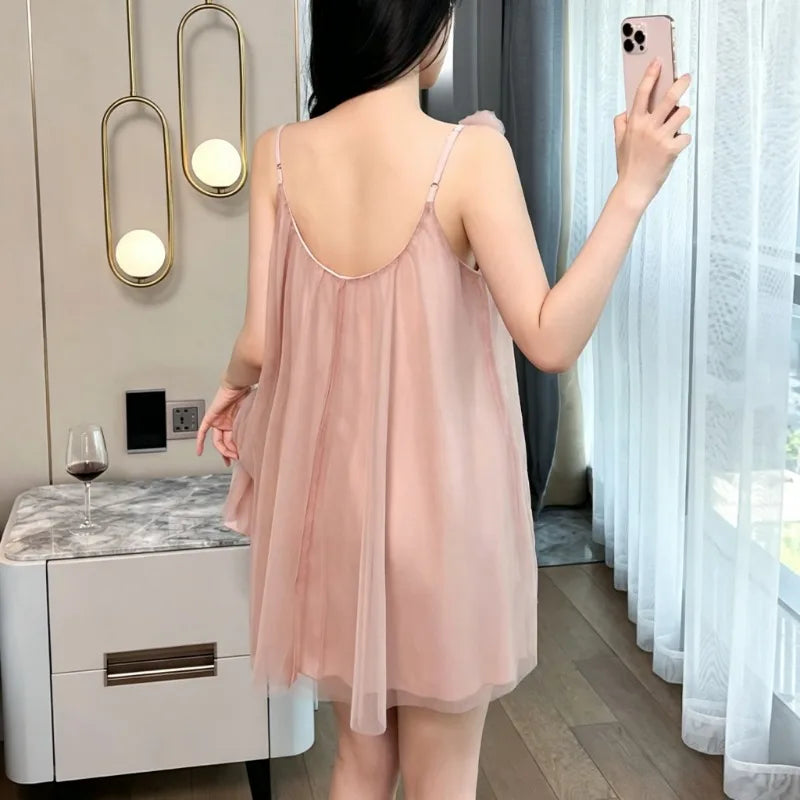 Sweet Cute Women Summer Nightgown Solid Spaghetti Strap Flower Design Sleep Dress Ladies Koran Style New Homewear Loungewear