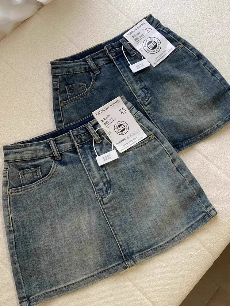 Sexy Retro High Waist Denim  Skirt Women's Anti-Light Versatile Slimming American Hot Girl f-length Summer Skirt