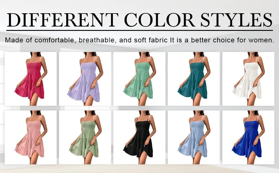 Bohemian Beach Sundress Women Sexy Sleeveless Backless Big Swing Mini Dress Solid Spaghetti Strap Ruffles Dresses Vestidos