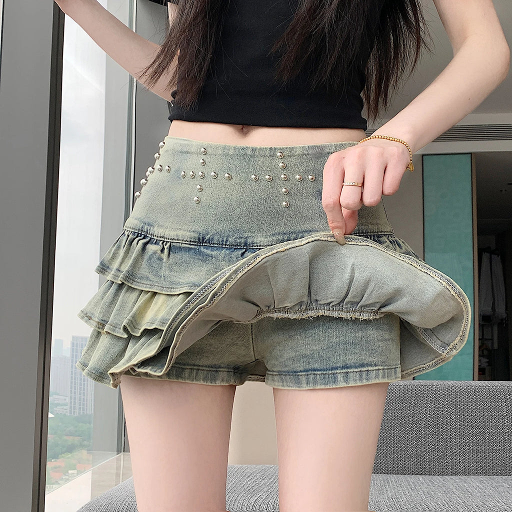 New Summer Women High Waist Slim Mini Skirt American Hot Girl Fashion Beading Sweet Ruffles Cake Hem Retro Blue Denim Skirt