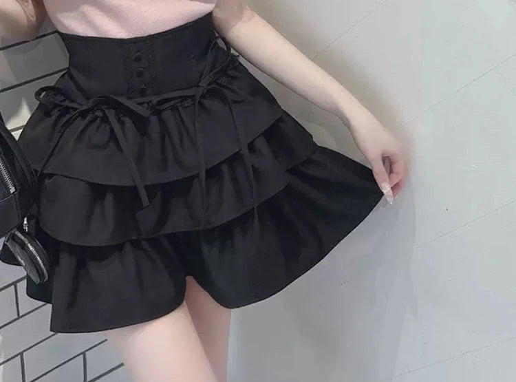 Sweet Cute Lace High Waist Puffy Skirt Japanese Style Kawaii Bow Tie Slimming Multi-layer Mini Skirt A-line Skirts for Women