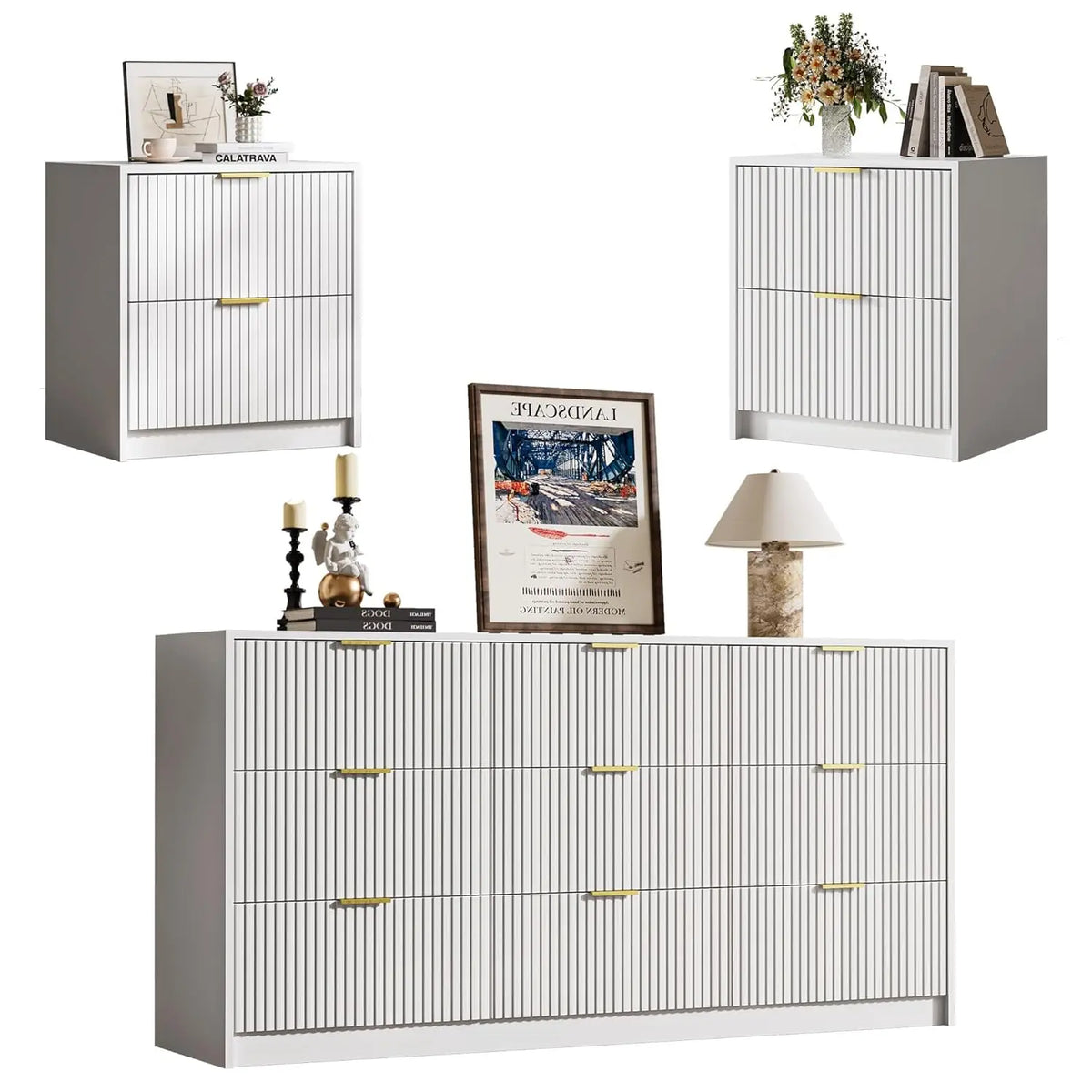 3-Piece Bedroom Furniture Set: 9-Drawer Dresser & 2 Nightstands