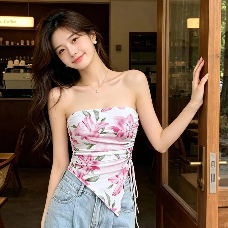 Women's Pink Tube Top Floral Print Ruched Side Tie Asymmetric Hem Sleeveless Strapless Top Spring Summer Fashion Casual Crop Top