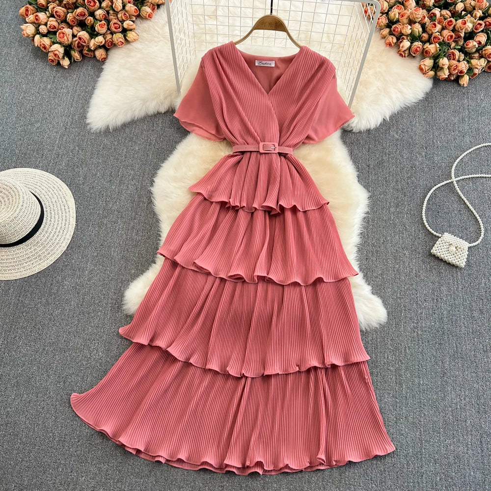 Beach Vaion Vintage Women's V-ne High-waist Cake Dr Ele Aosphere Maxi Skirt Loose Fit ort Sve Ci Commute