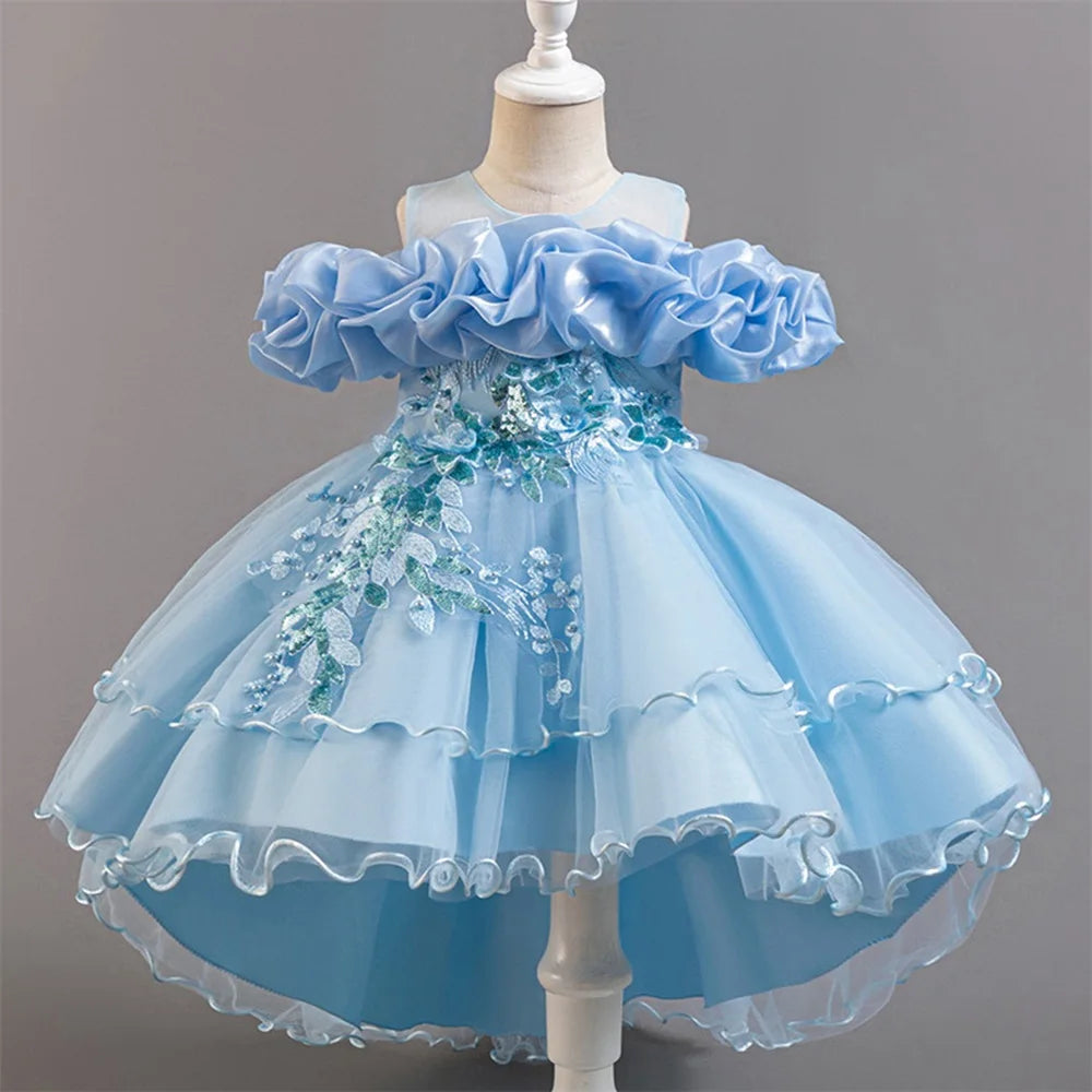 Fashion Pink Flower Girl Party Dresses Wedding Birthday Tulle Princess Dress for Kids Graduation Pageant Bridesmaid Kids Costume