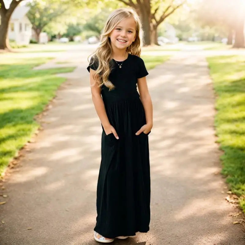 Summer Girls New Solid Color Short Sleeved Long Dress Beach Party Birthday Casual Fashion Show Versatile A-Line Dress
