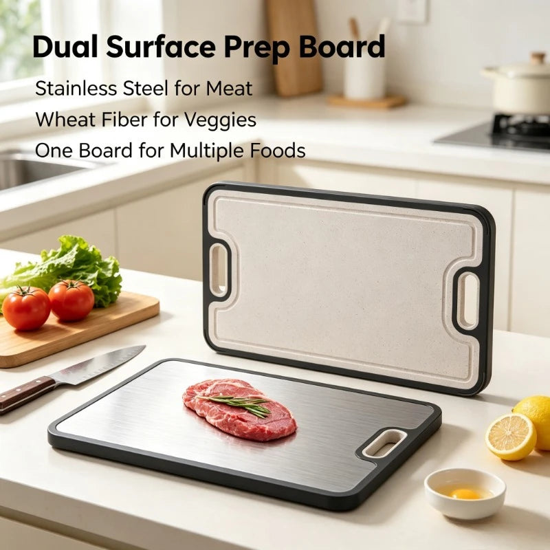 Tabla de cortar de cocina antibacteriana 2 en 1 de doble cara, de acero inoxidable y paja de trigo, con surco para jugos y marco antideslizante para cocinar