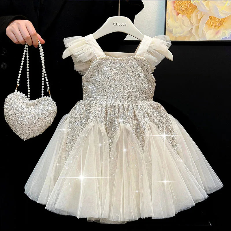 Kids Girl Clothes Sequined Flying Sleeves New Summer Dresses For Girls Elegant Mesh Vest Skirt Princess Dress Evening Prom