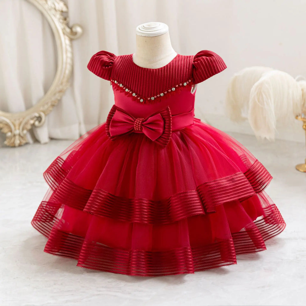 HETISO Striped Wedding Party Dress for Girls Baby Christmas Holiday Layered Gown Toddler Kids Beaded Clothing 6M-4 Years
