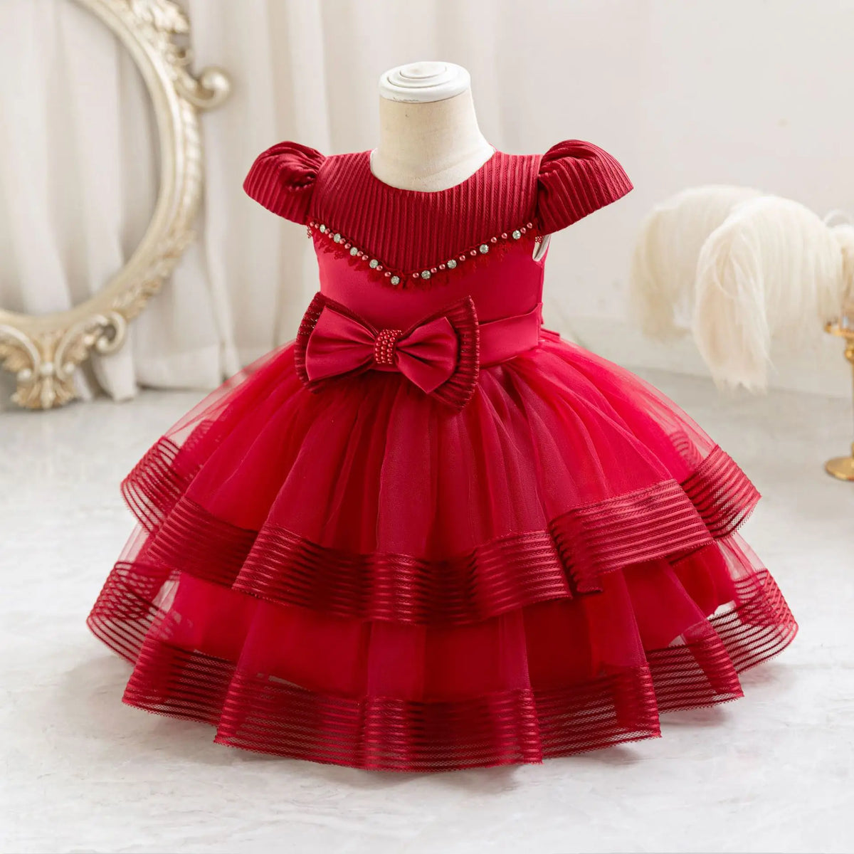 HETISO Striped Wedding Party Dress for Girls Baby Christmas Holiday Layered Gown Toddler Kids Beaded Clothing 6M-4 Years