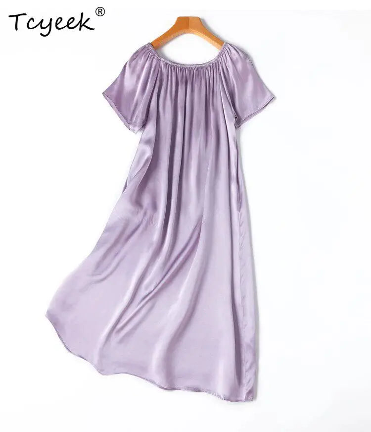 Tcyeek 21MM 100% Mulberry Silk Night Dress for Women Comfortable Sleepwear Women's Home Clothes Thin Purple Sommerkleid Damen