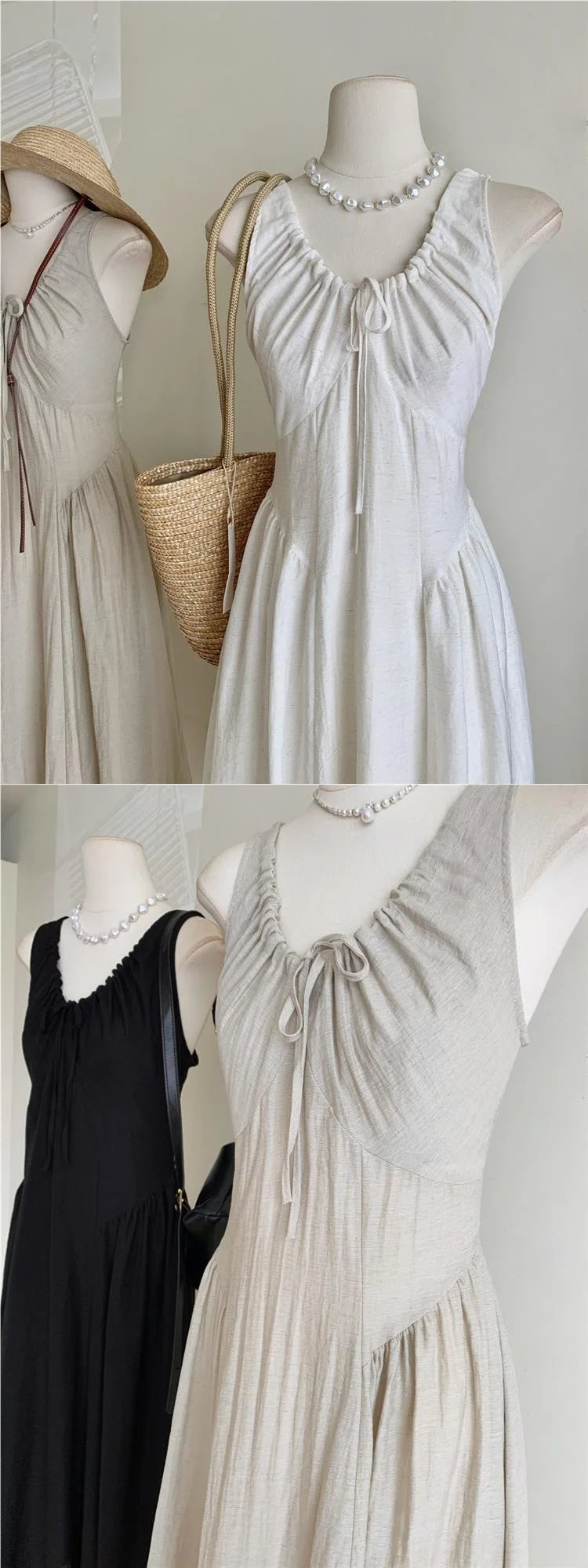 Retro French Style Casual Long Dress Drawstring Sleeveless plus Size 300 Pounds Design Summer New Fashion Dress