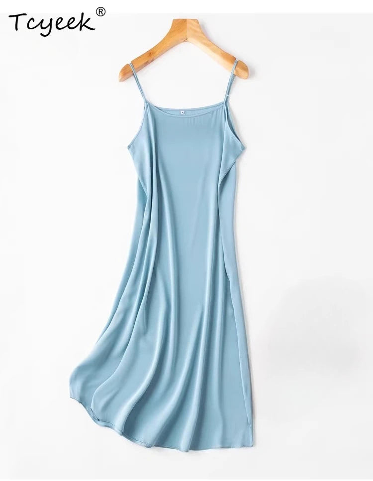 Tcyeek Women Silk Dress 93%Silk 7%Spandex Spaghetti Strap Mid Dresses 2024 Summer New Clothes Blue