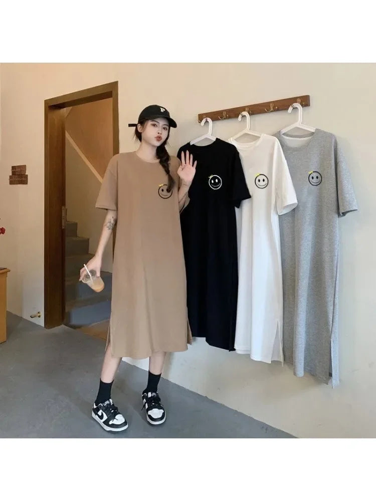 Plus Size Loose Short Sleeved Dress Women Korean Style Comfortable Casual Slit Dress Round Neck Slit Over-the-knee Long Dress