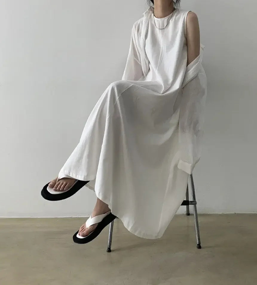 Korean Fashion Women Dress Casual Round Neck Loose Solid Color Casual Big Swing Sleeveless Long Linen Lazy Style Vestidos