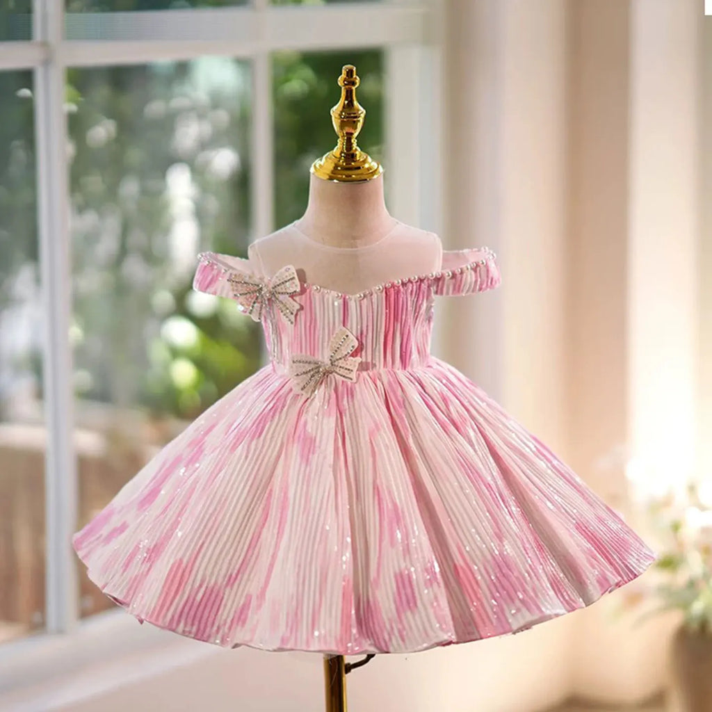 Dreamy Vow J432 Elegant Pink White Girls Dress Pleated Fabric Floral Decoration for Kids Wedding Birthday Party Short Ball Gown