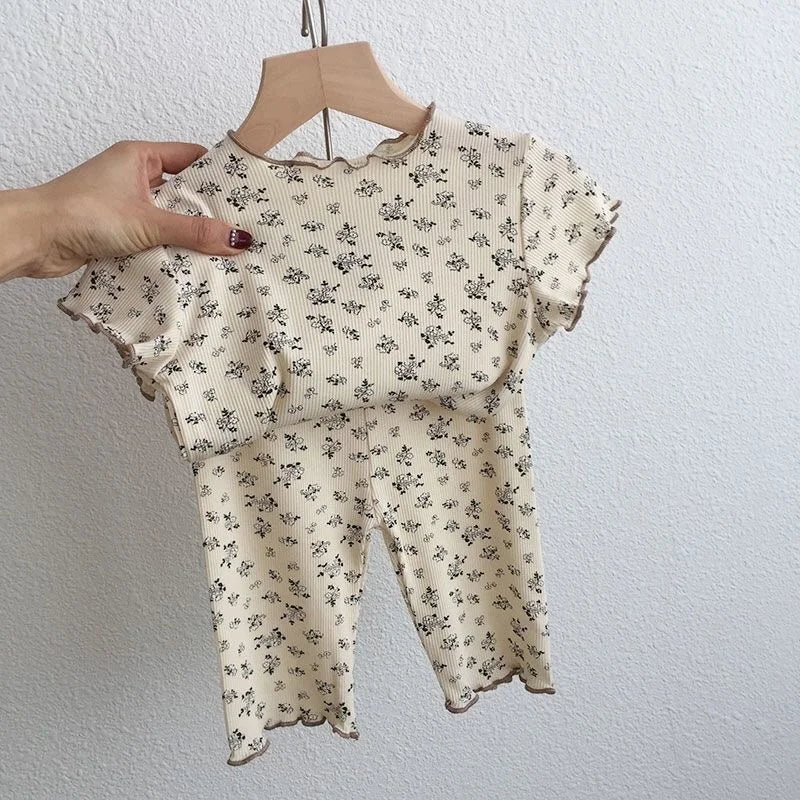 Summer T-shirt Sets Fashion Girls Short Sleeve Suits Kids Flower Printed Tops+Pants 2Pcs Children Casual Clothes Outfits