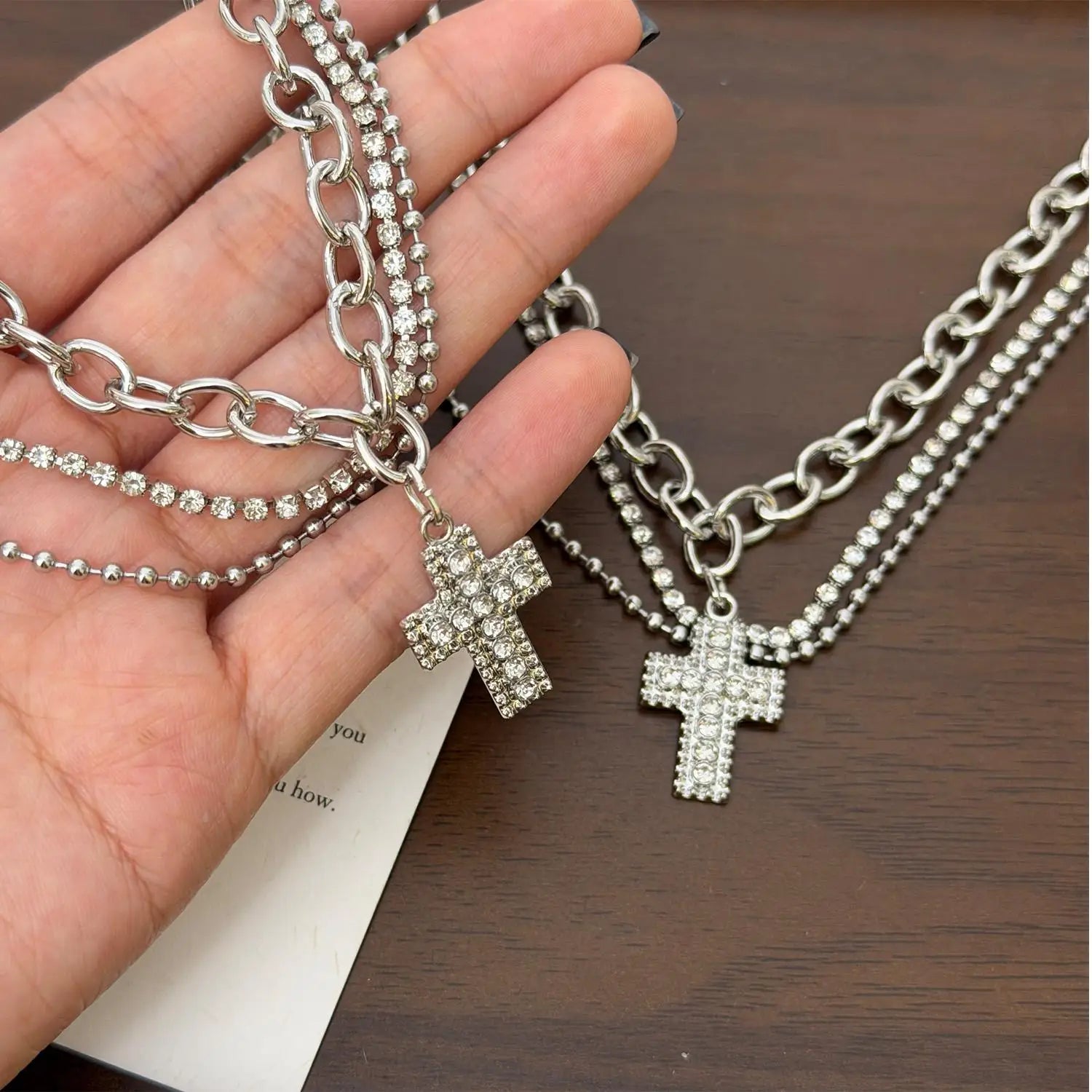 Y2K Rhinestone Cross Pendant Necklace Double Layered Silver Color Chain Choker Gothic Necklaces Party Jewelry Women Accessories
